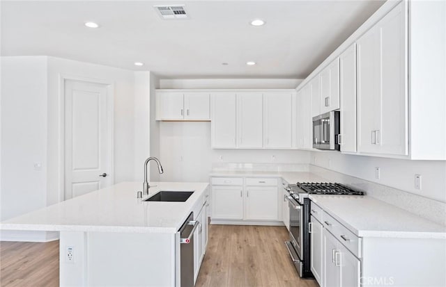 kitchen featuring visible vents, light wood-style flooring, stainless steel appliances, white cabinetry, and a sink