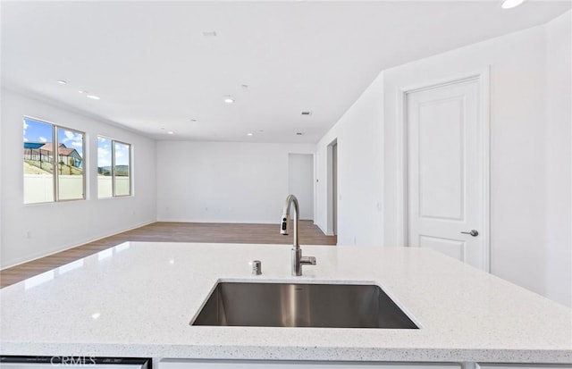 kitchen featuring a kitchen island with sink, light stone counters, open floor plan, and a sink