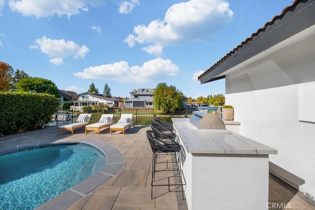 view of pool with grilling area, exterior bar, and a patio