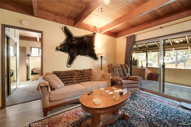 living room with beam ceiling, wooden ceiling, and wood-type flooring