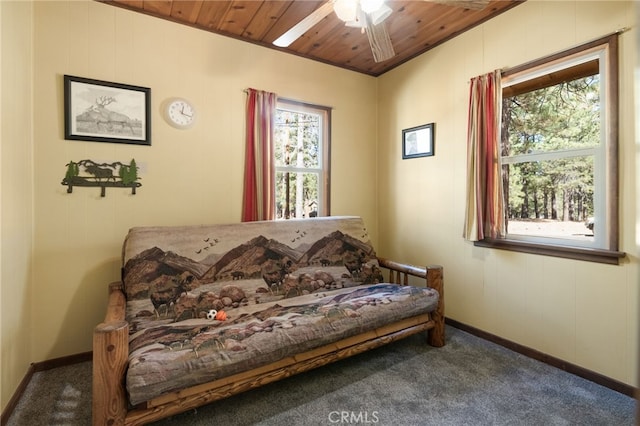 living area with carpet flooring, a healthy amount of sunlight, and wood ceiling