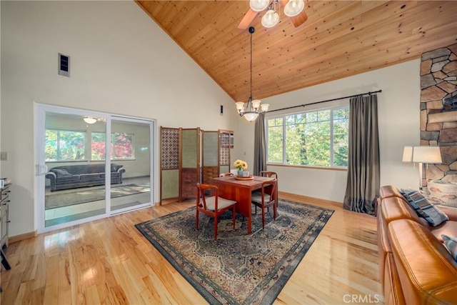 dining area with light hardwood / wood-style floors, high vaulted ceiling, a notable chandelier, and wood ceiling