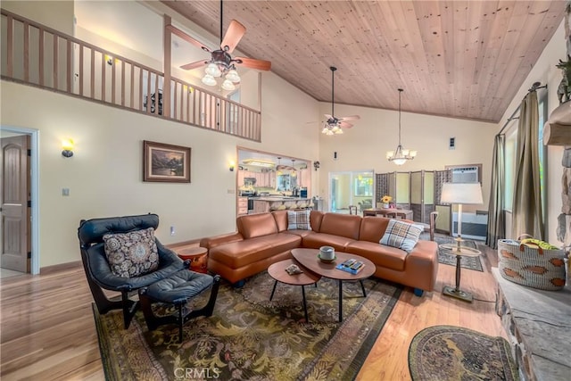 living room featuring high vaulted ceiling, wooden ceiling, ceiling fan with notable chandelier, and light wood-type flooring