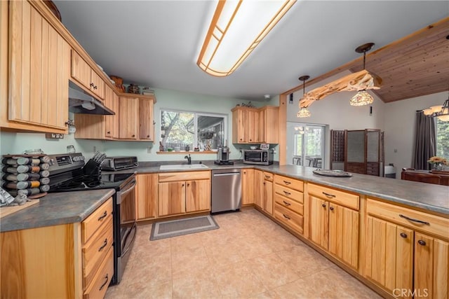 kitchen featuring kitchen peninsula, decorative light fixtures, stainless steel appliances, and sink