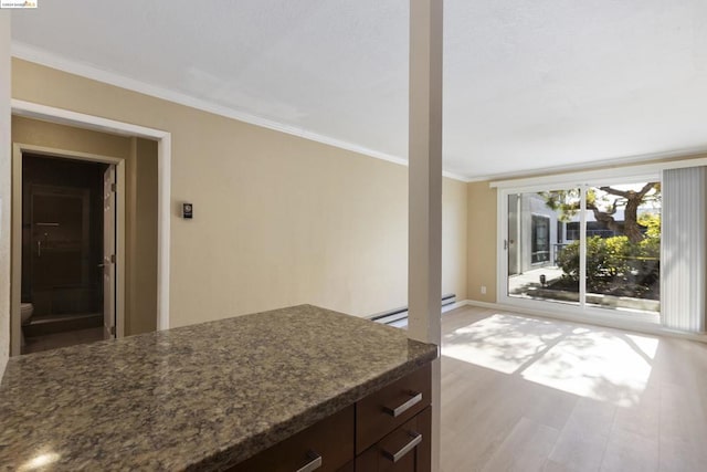 kitchen featuring hardwood / wood-style floors, dark brown cabinets, baseboard heating, and crown molding