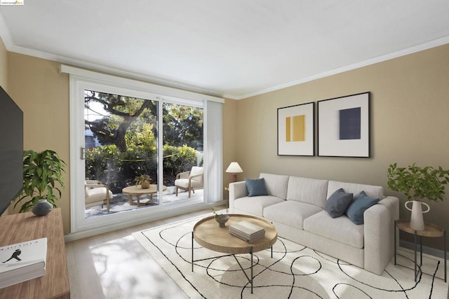 living room featuring crown molding and light hardwood / wood-style floors