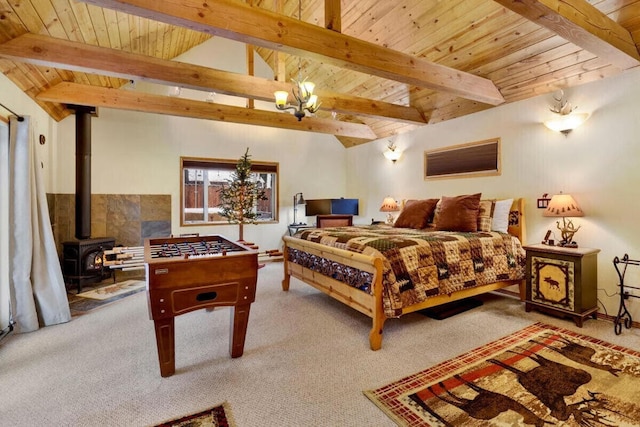 carpeted bedroom featuring a wood stove, a chandelier, wood ceiling, and vaulted ceiling with beams