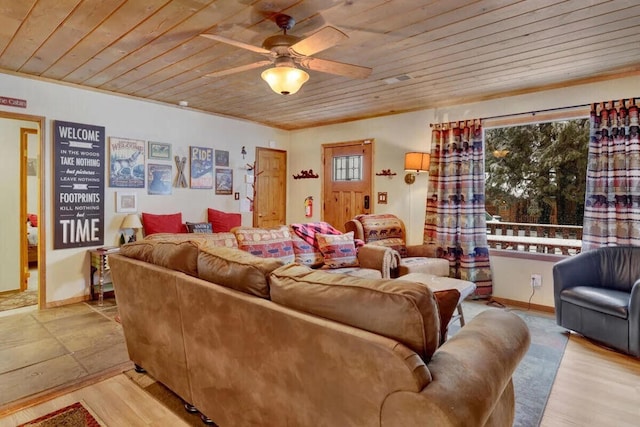 living room featuring plenty of natural light, wood ceiling, and light hardwood / wood-style flooring