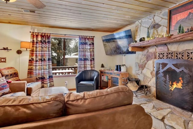 living room with wooden ceiling and a fireplace