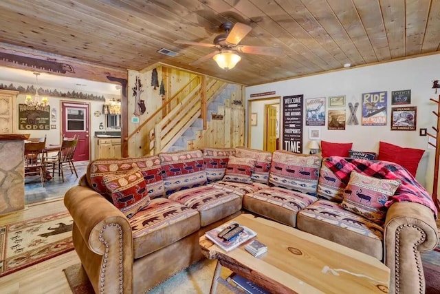 living room with ceiling fan, wooden ceiling, and hardwood / wood-style flooring