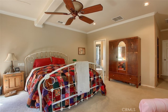 carpeted bedroom featuring beam ceiling, ceiling fan, and crown molding