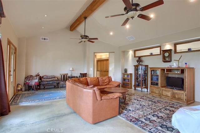 living room with beam ceiling, high vaulted ceiling, and ceiling fan