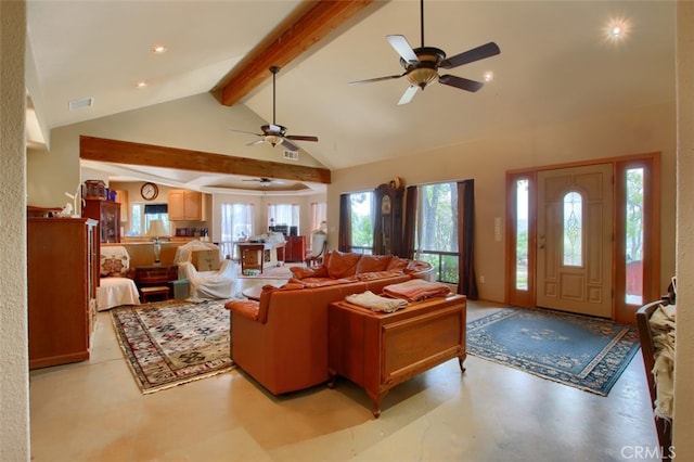 living room featuring beamed ceiling, high vaulted ceiling, and ceiling fan