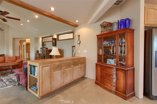 bar featuring beamed ceiling, stainless steel refrigerator with ice dispenser, light brown cabinets, and ceiling fan