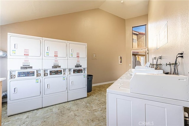 clothes washing area featuring stacked washer / drying machine and separate washer and dryer