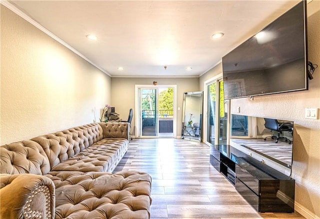 living room featuring light wood-type flooring and ornamental molding