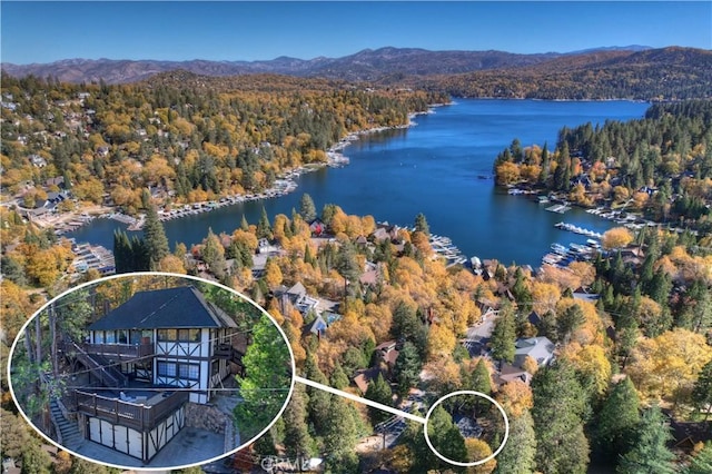27538 W Shore Rd, Lake Arrowhead, CA 92352 - drone / aerial view of a water and mountain view and a heavily wooded area