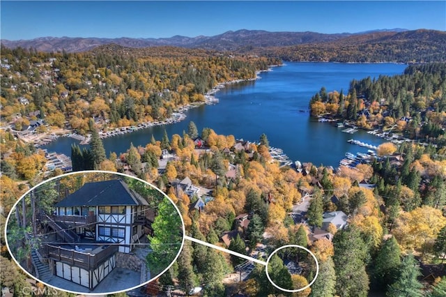 27538 W Shore Rd, Lake Arrowhead, CA 92352 - bird's eye view of a water and mountain view and a heavily wooded area