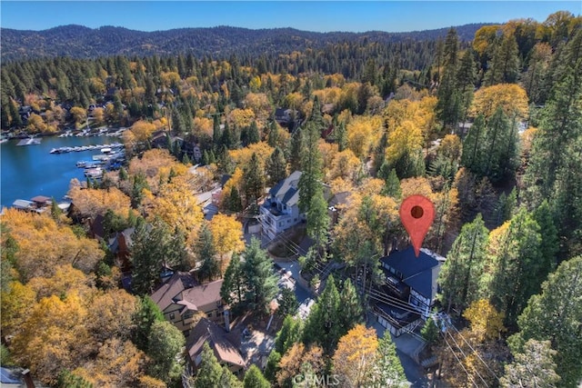 27538 W Shore Rd, Lake Arrowhead, CA 92352 - aerial view of property and surrounding area with a heavily wooded area and a water and mountain view