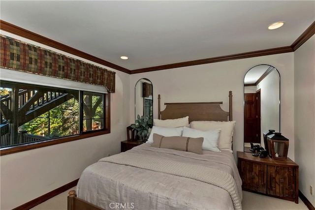 27538 W Shore Rd, Lake Arrowhead, CA 92352 - carpeted bedroom with baseboards, ornamental molding, and recessed lighting