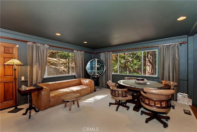 27538 W Shore Rd, Lake Arrowhead, CA 92352 - living area with ornamental molding and carpet floors