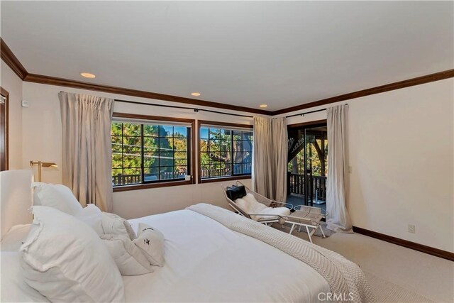 bedroom featuring access to outside, light carpet, ornamental molding, and multiple windows