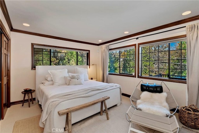 27538 W Shore Rd, Lake Arrowhead, CA 92352 - bedroom with crown molding, baseboards, light colored carpet, and recessed lighting