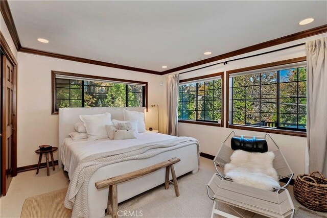 27538 W Shore Rd, Lake Arrowhead, CA 92352 - bedroom with ornamental molding, light colored carpet, and recessed lighting