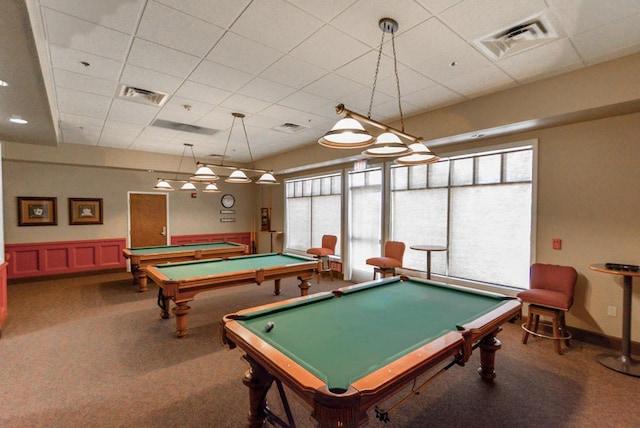 playroom with a paneled ceiling, a healthy amount of sunlight, and pool table