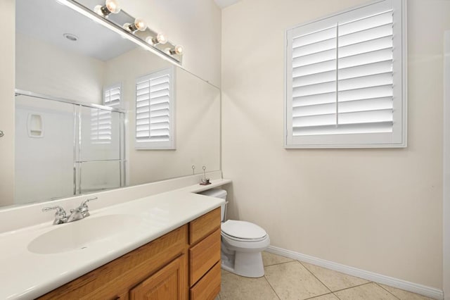 bathroom featuring tile patterned floors, vanity, an enclosed shower, and toilet