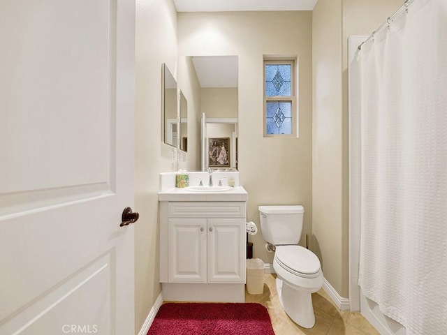 full bathroom featuring vanity, tile patterned flooring, toilet, and shower / bath combo