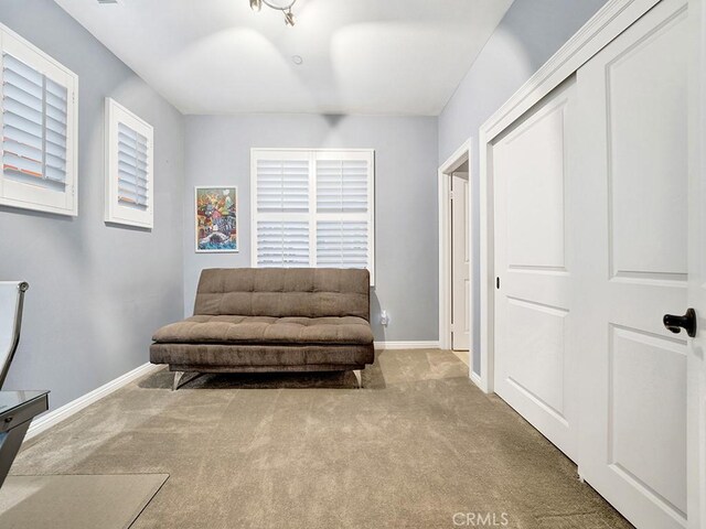 sitting room featuring light carpet