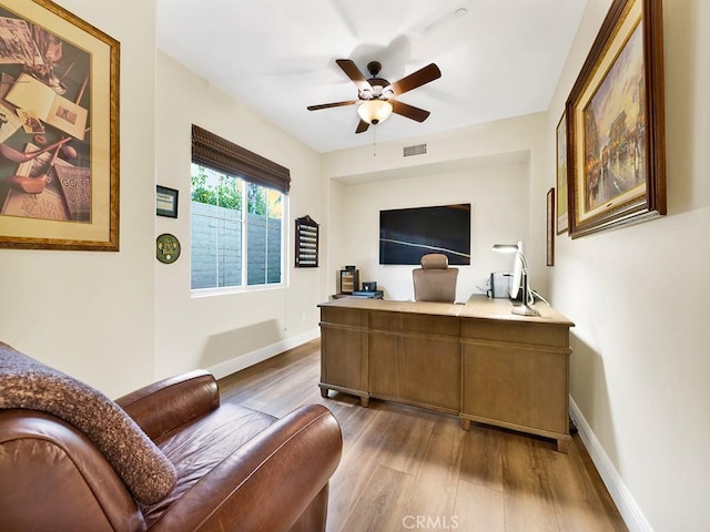 office area featuring hardwood / wood-style flooring and ceiling fan