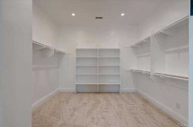 spacious closet featuring light carpet