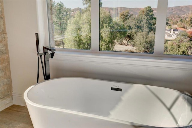 bathroom featuring a mountain view, hardwood / wood-style flooring, and a tub