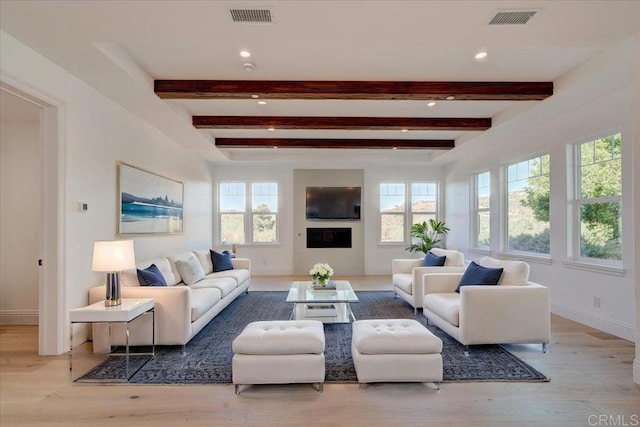 living room featuring beam ceiling and light hardwood / wood-style flooring