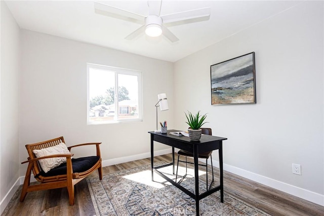 office featuring ceiling fan and wood-type flooring