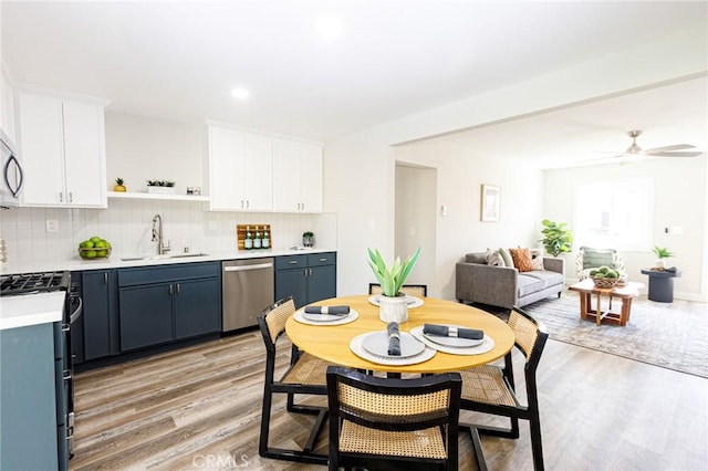 kitchen featuring appliances with stainless steel finishes, light wood-type flooring, blue cabinets, sink, and white cabinetry