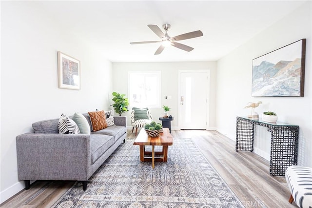 living room featuring ceiling fan and light wood-type flooring