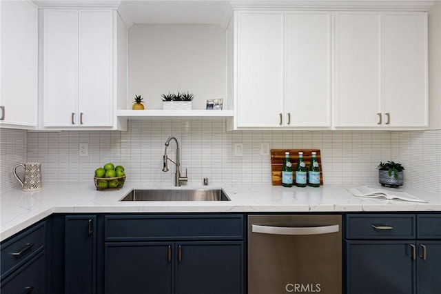 kitchen with stainless steel dishwasher, white cabinets, blue cabinetry, and sink