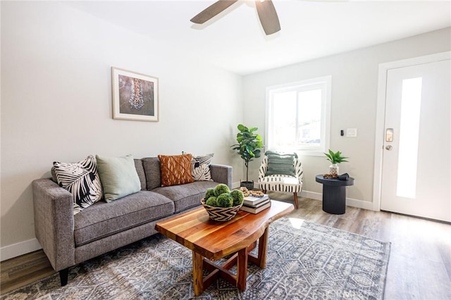 living room with wood-type flooring and ceiling fan