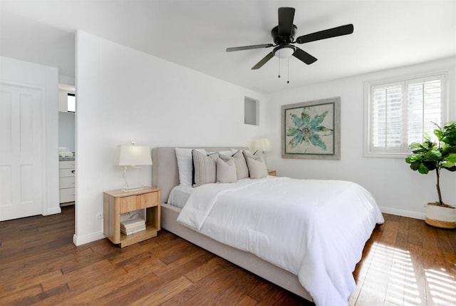 bedroom with dark wood-type flooring and ceiling fan