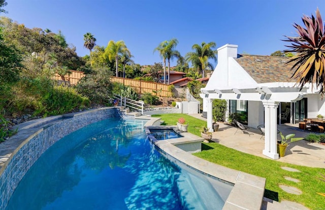 view of pool with a pergola, a patio, and an in ground hot tub