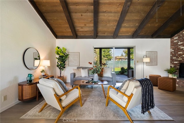 living room featuring hardwood / wood-style flooring, lofted ceiling with beams, and wooden ceiling