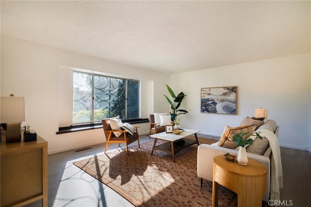 living room with hardwood / wood-style flooring and a textured ceiling