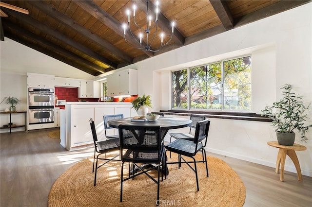 dining area with hardwood / wood-style floors, lofted ceiling with beams, wooden ceiling, and a chandelier