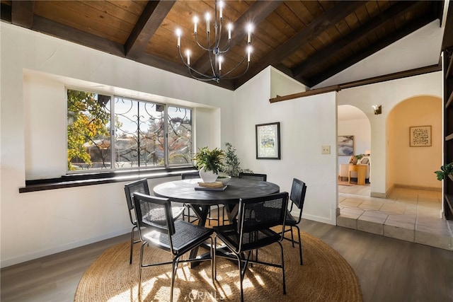 dining room featuring wood ceiling, hardwood / wood-style floors, and vaulted ceiling with beams