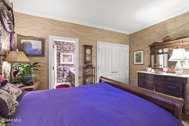 bedroom featuring a closet and ornamental molding