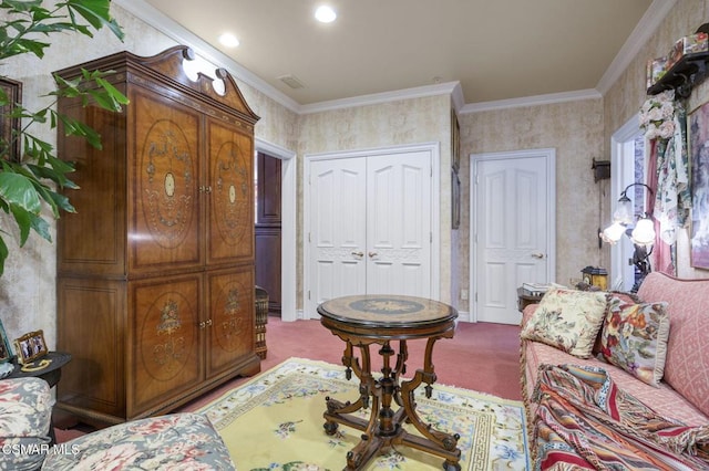 carpeted living room with ornamental molding