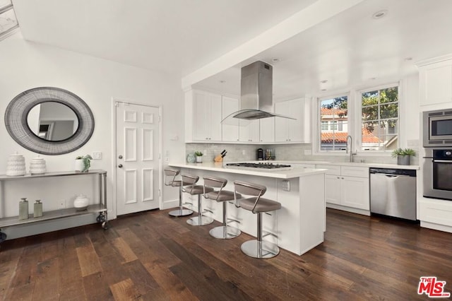 kitchen featuring appliances with stainless steel finishes, island range hood, dark wood-type flooring, white cabinets, and a center island